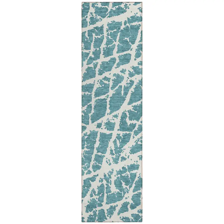 8' Runner Teal Abstract Washable Non Skid Indoor Outdoor Runner Rug