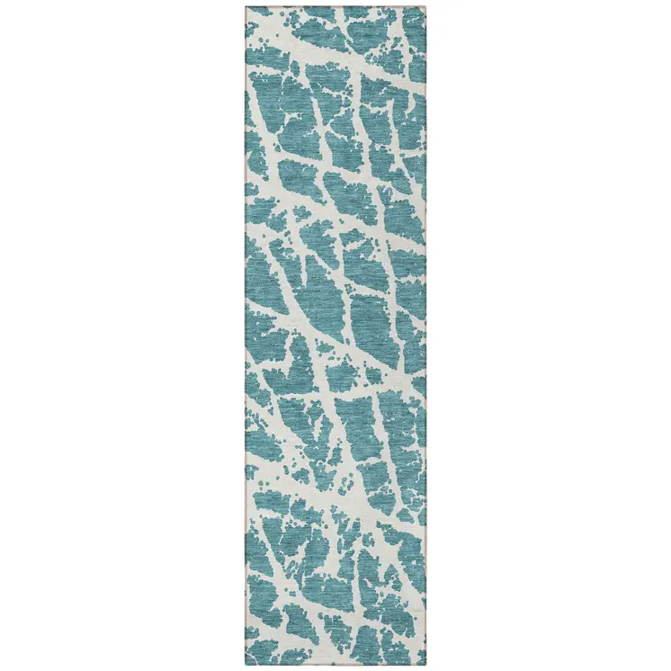 8' Runner Teal Abstract Washable Non Skid Indoor Outdoor Runner Rug