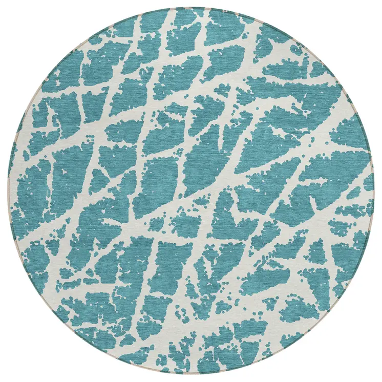 8' Round Teal Round Abstract Washable Non Skid Indoor Outdoor Area Rug