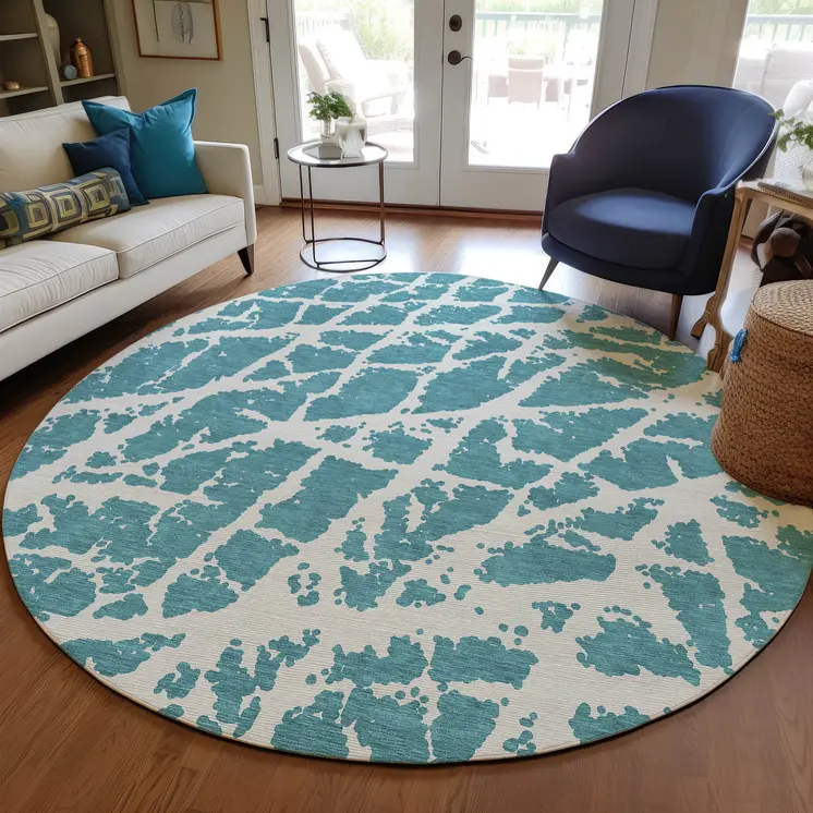 8' Round Teal Round Abstract Washable Non Skid Indoor Outdoor Area Rug