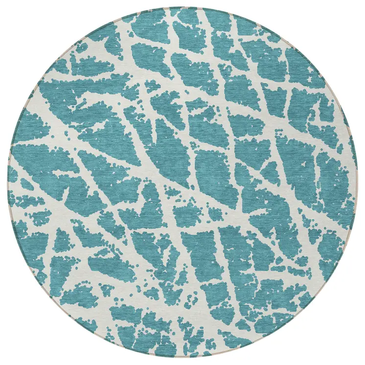 8' Round Teal Round Abstract Washable Non Skid Indoor Outdoor Area Rug