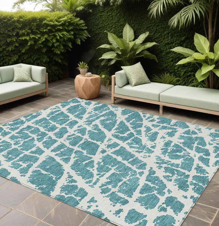 8' X 10' Teal Abstract Washable Non Skid Indoor Outdoor Area Rug
