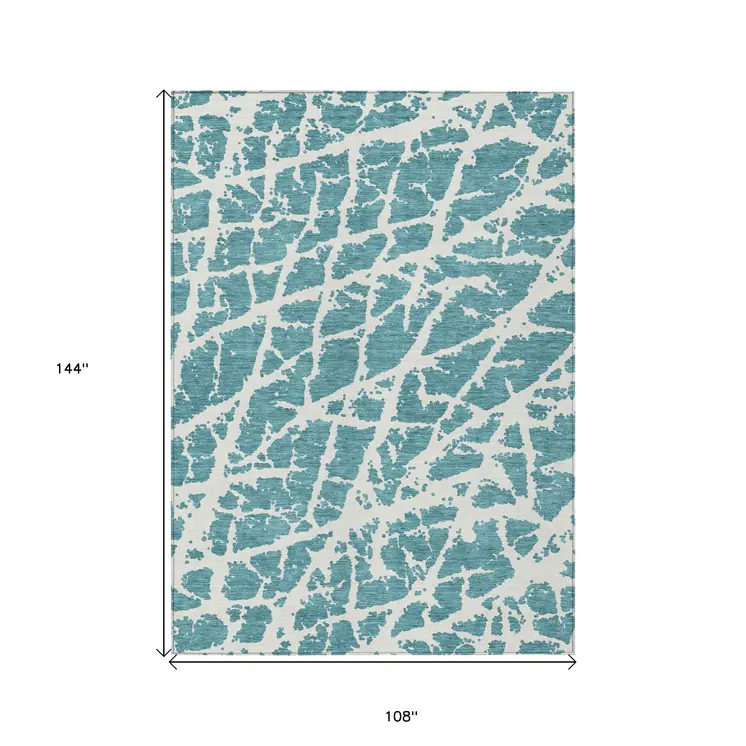 9' X 12' Teal Abstract Washable Non Skid Indoor Outdoor Area Rug
