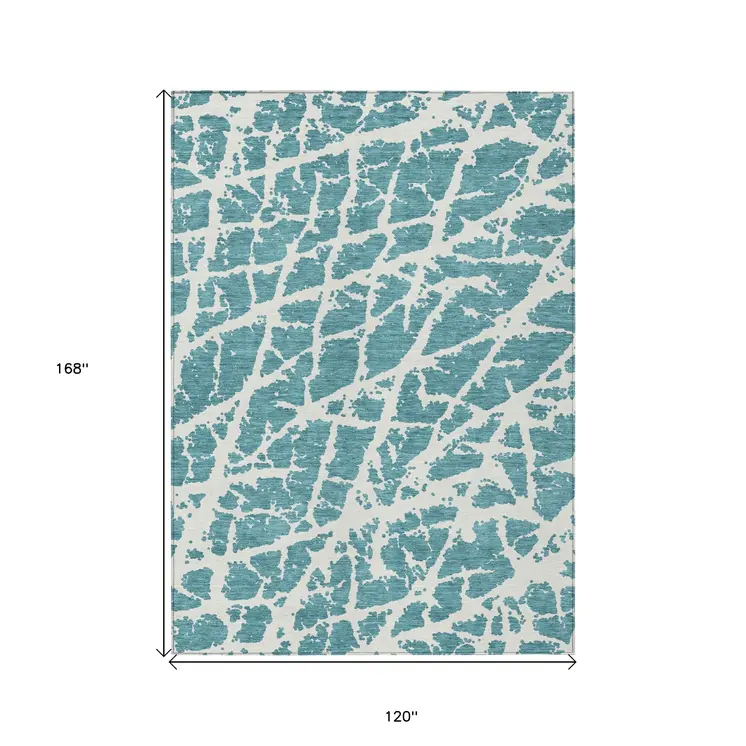 10' X 14' Teal Abstract Washable Non Skid Indoor Outdoor Area Rug