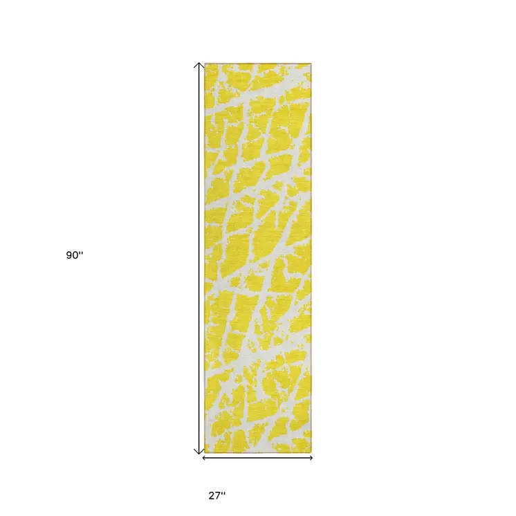 8' Runner Yellow and White Abstract Washable Non Skid Indoor Outdoor Runner Rug