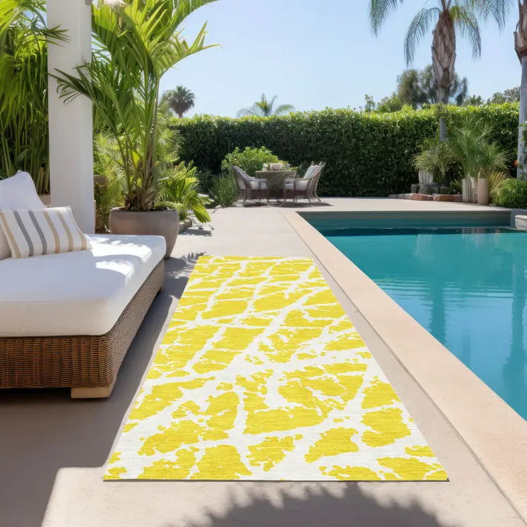 8' Runner Yellow and White Abstract Washable Non Skid Indoor Outdoor Runner Rug