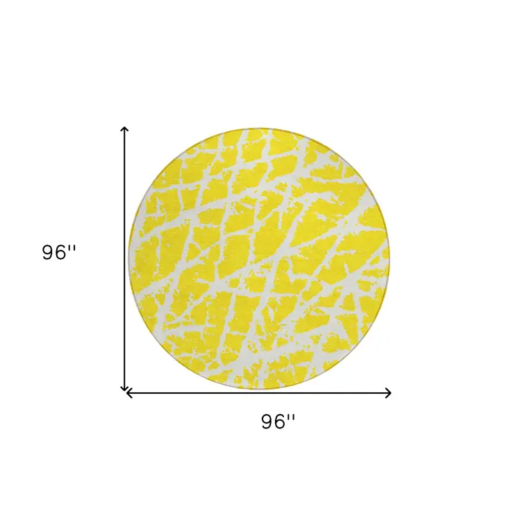 8' Round Yellow and White Round Abstract Washable Non Skid Indoor Outdoor Area Rug
