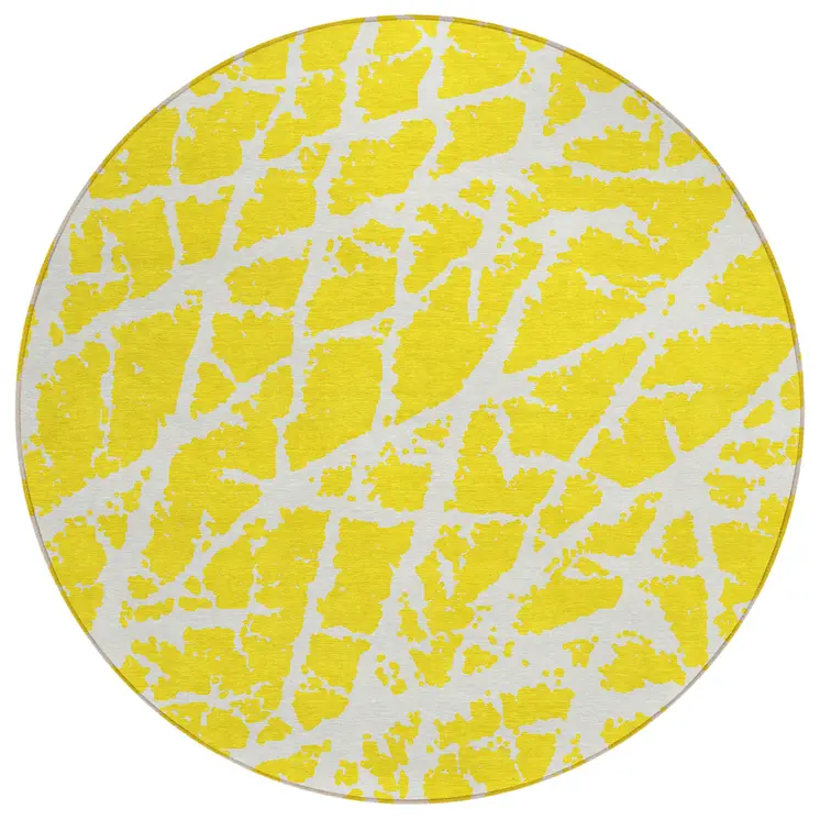 8' Round Yellow and White Round Abstract Washable Non Skid Indoor Outdoor Area Rug