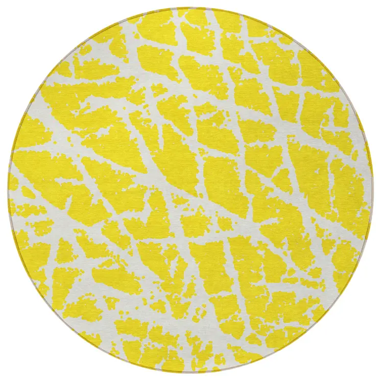 8' Round Yellow and White Round Abstract Washable Non Skid Indoor Outdoor Area Rug