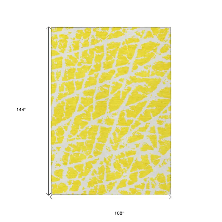 9' X 12' Yellow and White Abstract Washable Non Skid Indoor Outdoor Area Rug