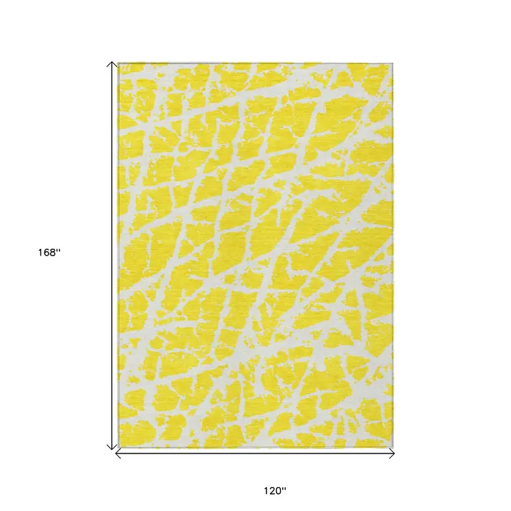 10' X 14' Yellow and White Abstract Washable Non Skid Indoor Outdoor Area Rug