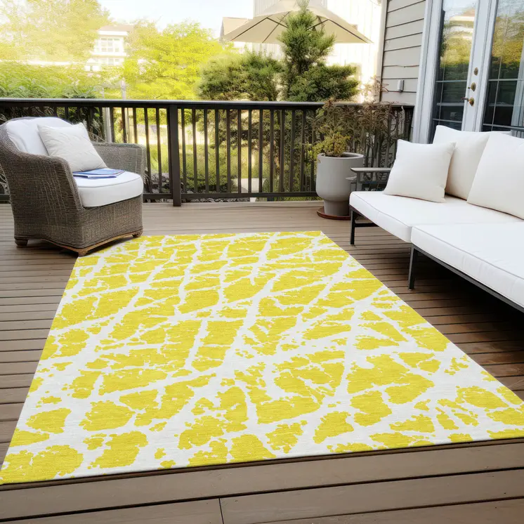 10' X 14' Yellow and White Abstract Washable Non Skid Indoor Outdoor Area Rug