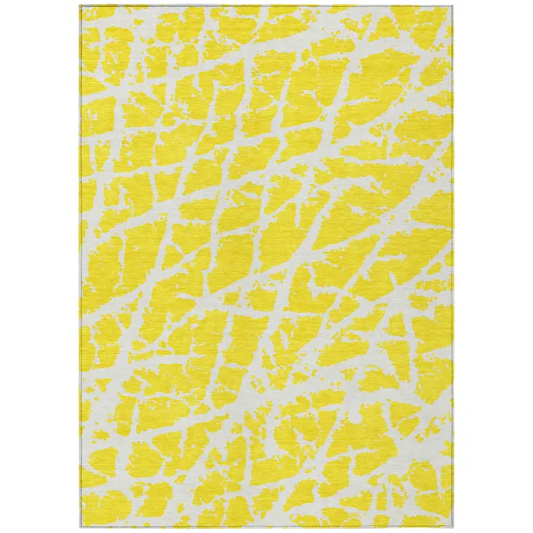 10' X 14' Yellow and White Abstract Washable Non Skid Indoor Outdoor Area Rug