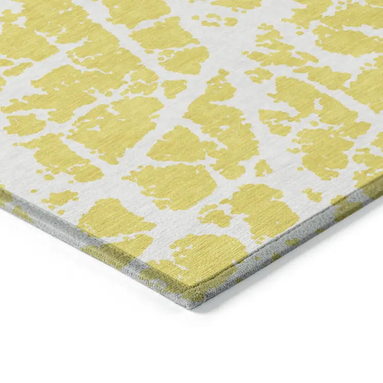 10' X 14' Yellow and White Abstract Washable Non Skid Indoor Outdoor Area Rug