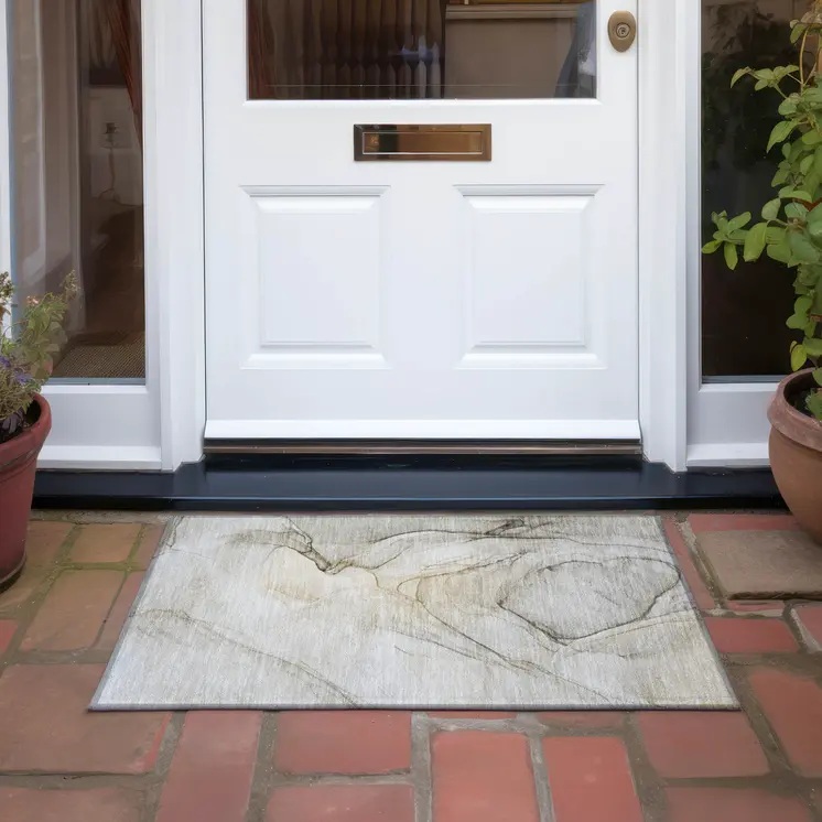 2' X 3' Beige and Gray Abstract Washable Non Skid Indoor Outdoor Area Rug