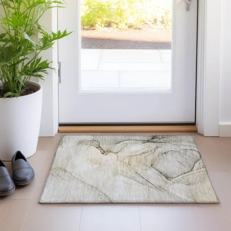 2' X 3' Beige and Gray Abstract Washable Non Skid Indoor Outdoor Area Rug