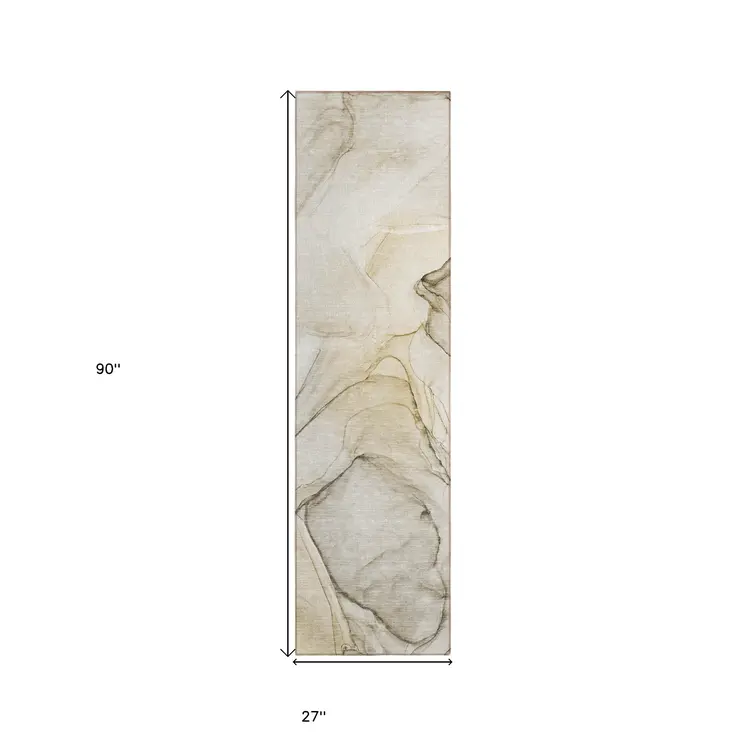 8' Runner Beige and Gray Abstract Washable Non Skid Indoor Outdoor Runner Rug