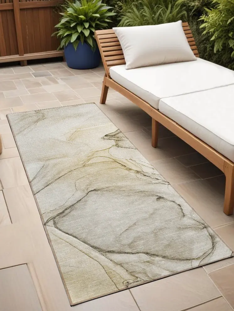 8' Runner Beige and Gray Abstract Washable Non Skid Indoor Outdoor Runner Rug