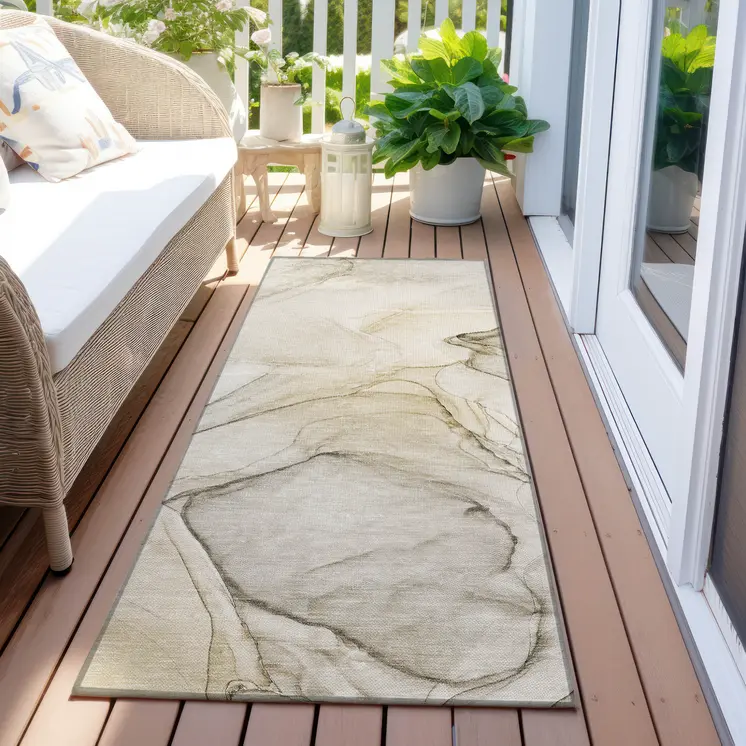 8' Runner Beige and Gray Abstract Washable Non Skid Indoor Outdoor Runner Rug