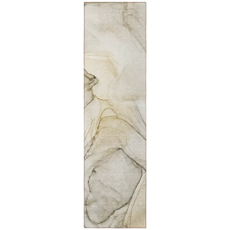 8' Runner Beige and Gray Abstract Washable Non Skid Indoor Outdoor Runner Rug