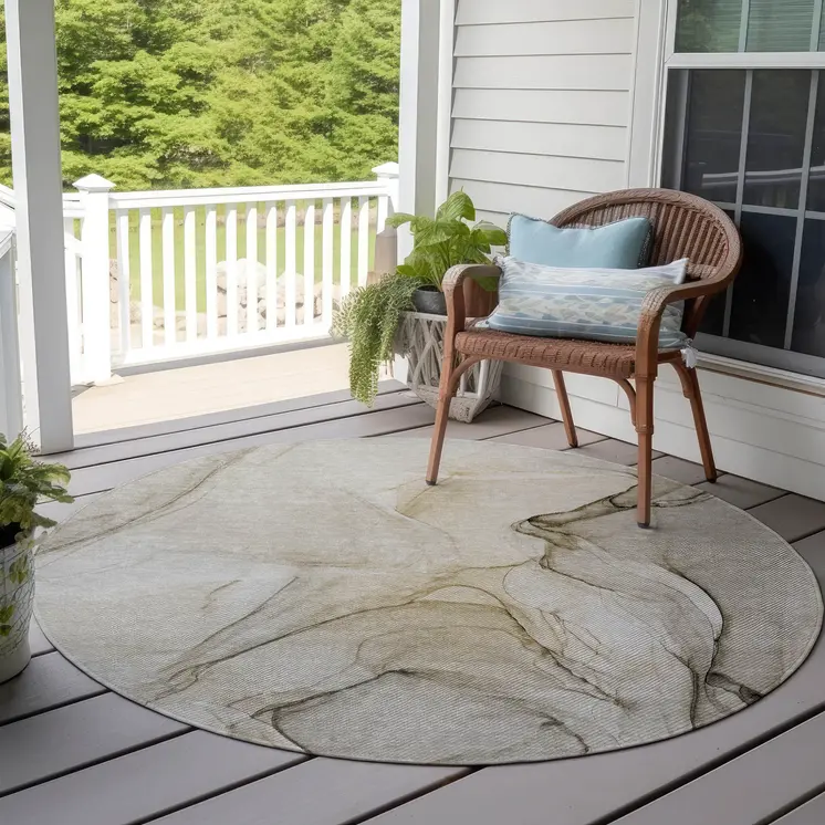 8' Round Beige and Gray Round Abstract Washable Non Skid Indoor Outdoor Area Rug