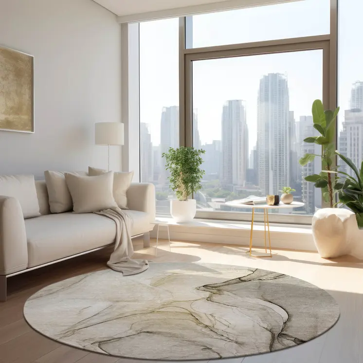 8' Round Beige and Gray Round Abstract Washable Non Skid Indoor Outdoor Area Rug