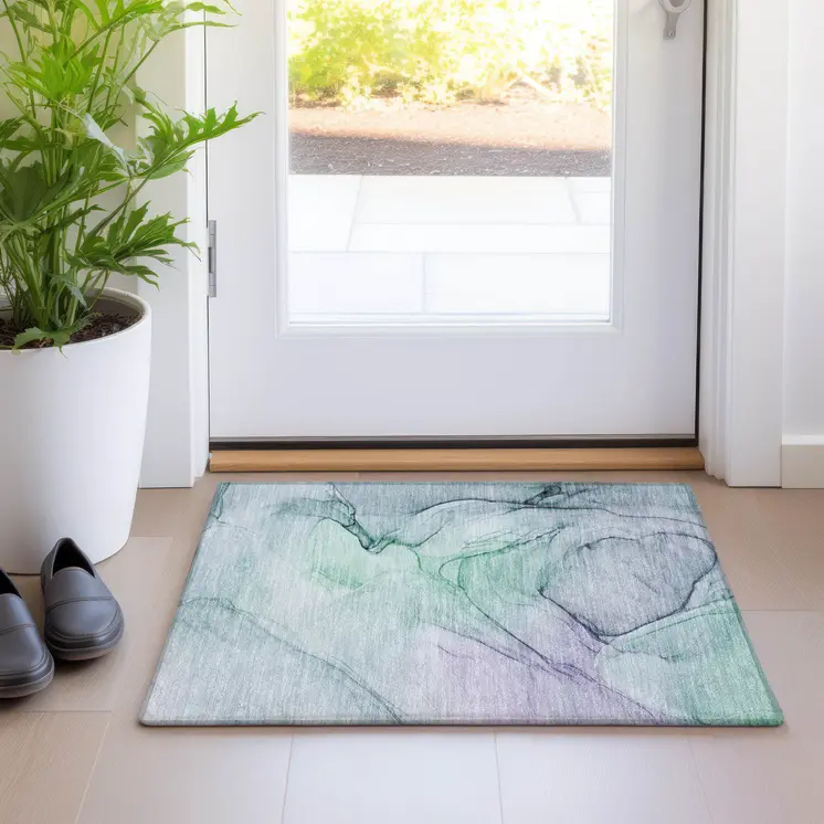 2' X 3' Blue and Gray Abstract Washable Non Skid Indoor Outdoor Area Rug