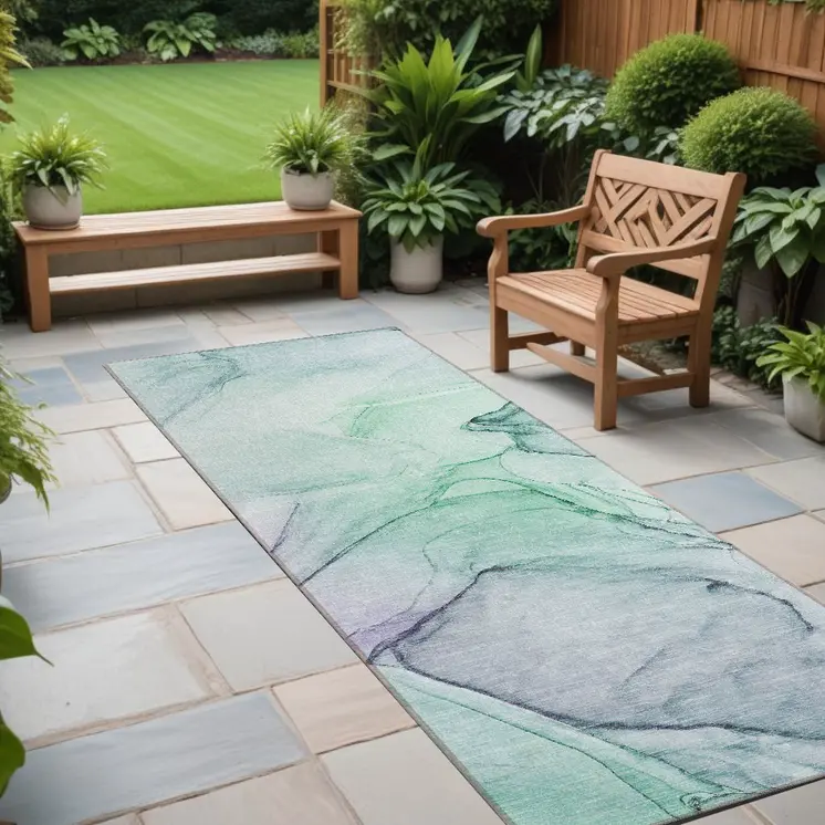 8' Runner Blue and Gray Abstract Washable Non Skid Indoor Outdoor Runner Rug