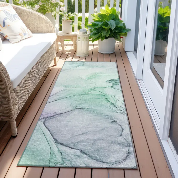8' Runner Blue and Gray Abstract Washable Non Skid Indoor Outdoor Runner Rug