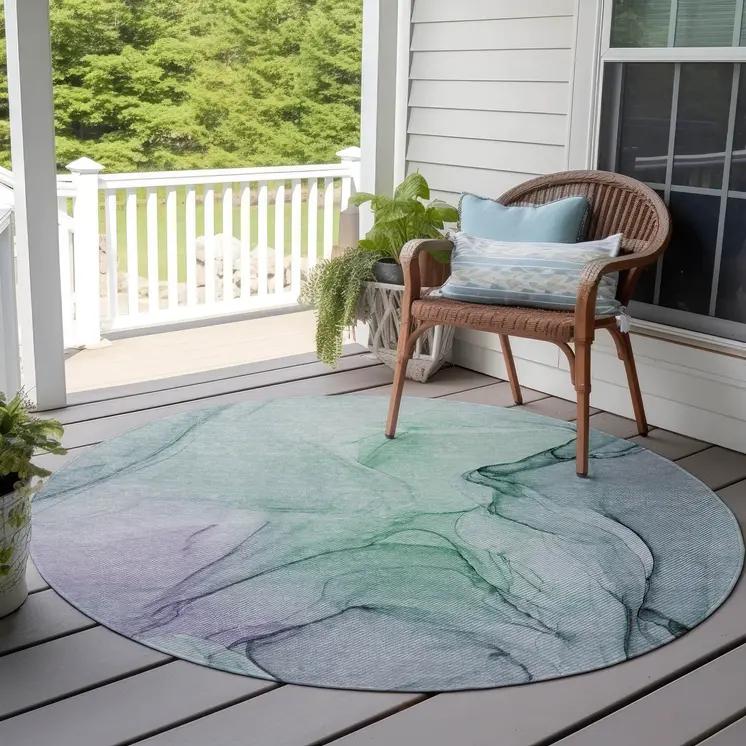 8' Round Blue and Gray Round Abstract Washable Non Skid Indoor Outdoor Area Rug