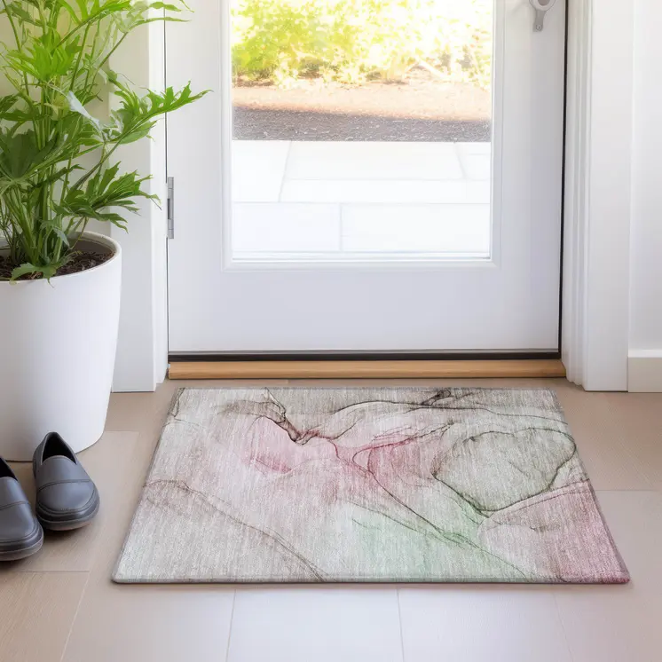 2' X 3' Gray and Pink Abstract Washable Non Skid Indoor Outdoor Area Rug
