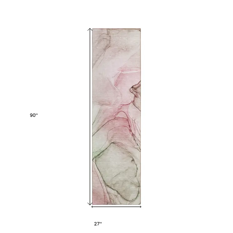 8' Runner Gray and Pink Abstract Washable Non Skid Indoor Outdoor Runner Rug