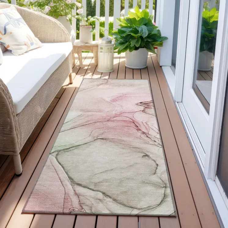 8' Runner Gray and Pink Abstract Washable Non Skid Indoor Outdoor Runner Rug