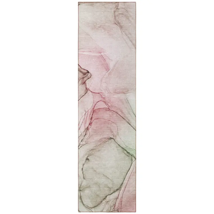 8' Runner Gray and Pink Abstract Washable Non Skid Indoor Outdoor Runner Rug
