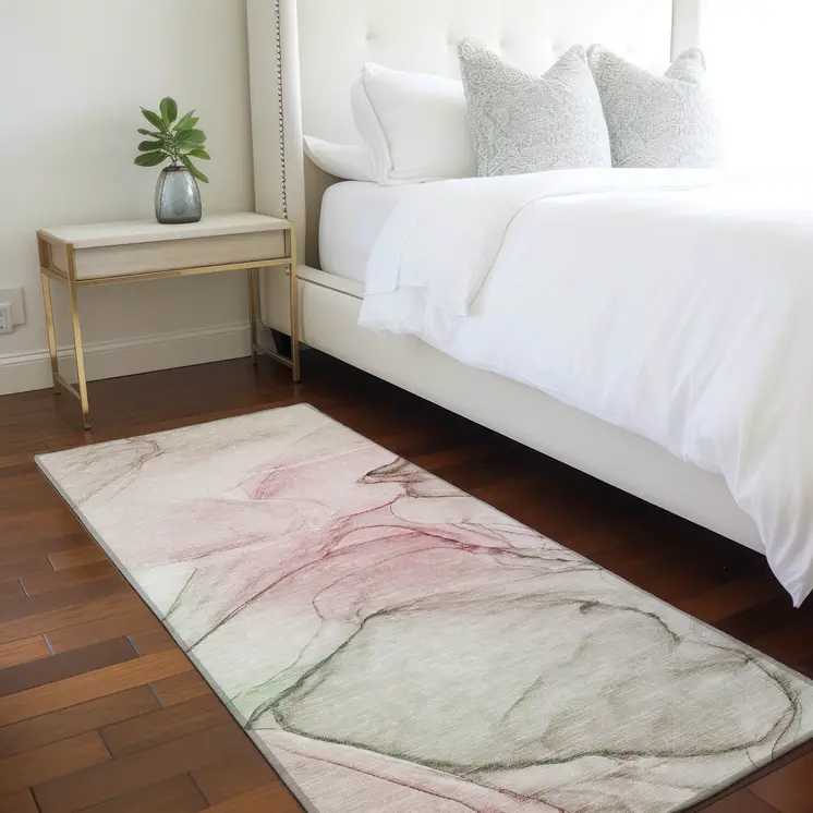 8' Runner Gray and Pink Abstract Washable Non Skid Indoor Outdoor Runner Rug