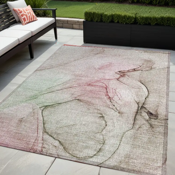 5' X 8' Gray and Pink Abstract Washable Non Skid Indoor Outdoor Area Rug