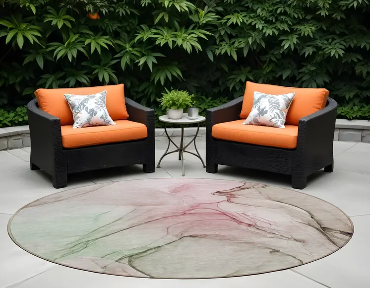 8' Round Gray and Pink Round Abstract Washable Non Skid Indoor Outdoor Area Rug
