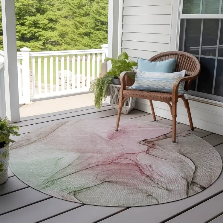 8' Round Gray and Pink Round Abstract Washable Non Skid Indoor Outdoor Area Rug