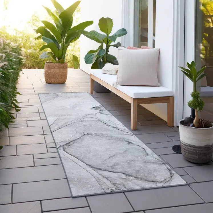 8' Runner Gray Abstract Washable Non Skid Indoor Outdoor Runner Rug