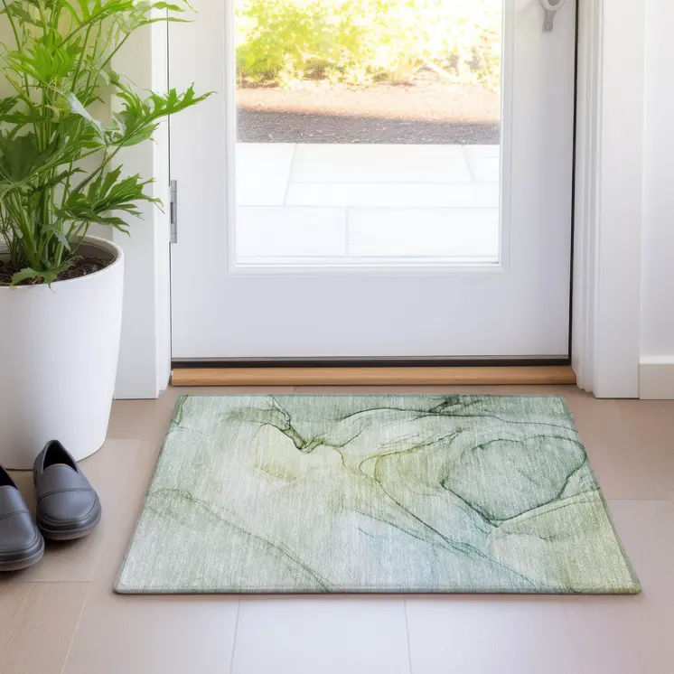 2' X 3' Green Abstract Washable Non Skid Indoor Outdoor Area Rug
