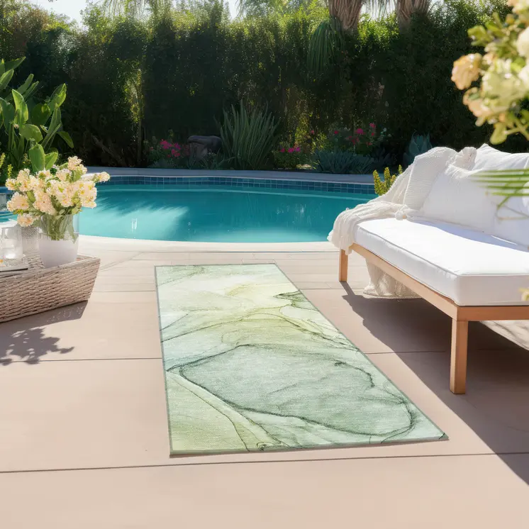 8' Runner Green Abstract Washable Non Skid Indoor Outdoor Runner Rug