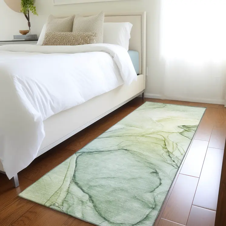 8' Runner Green Abstract Washable Non Skid Indoor Outdoor Runner Rug