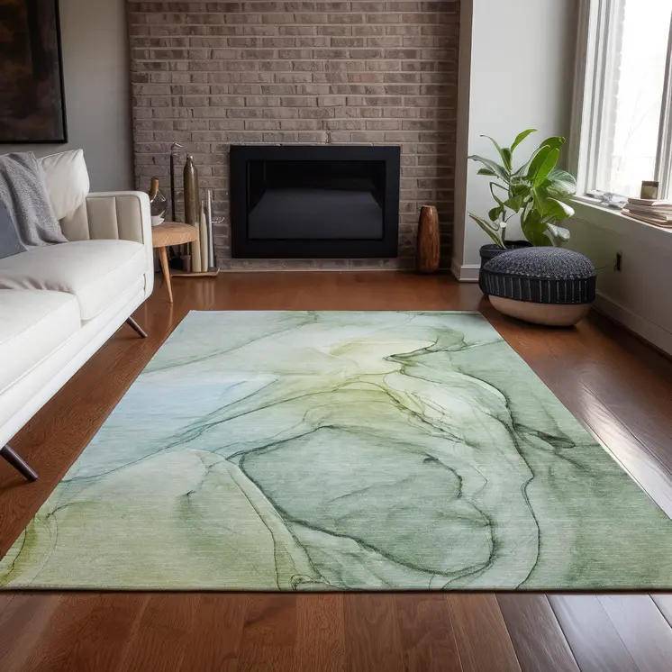 5' X 8' Green Abstract Washable Non Skid Indoor Outdoor Area Rug