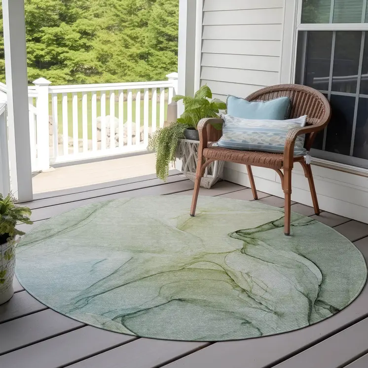 8' Round Green Round Abstract Washable Non Skid Indoor Outdoor Area Rug