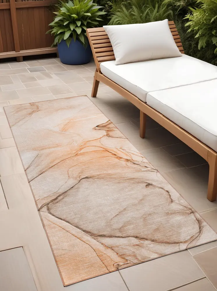 3' X 8' Beige and Orange Abstract Washable Non Skid Indoor Outdoor Runner Rug