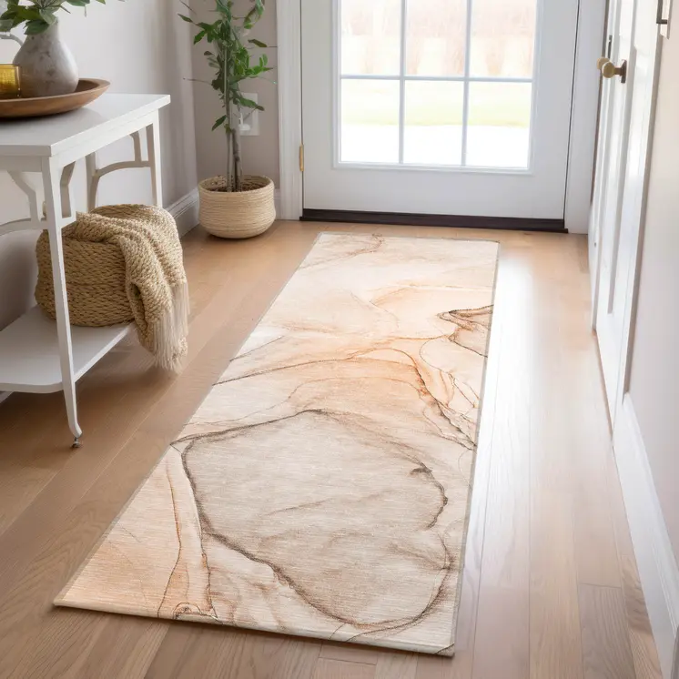 3' X 8' Beige and Orange Abstract Washable Non Skid Indoor Outdoor Runner Rug