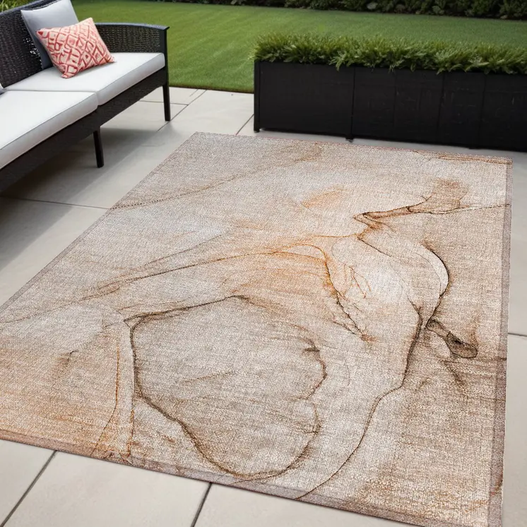 5' X 8' Gray and Orange Abstract Washable Non Skid Indoor Outdoor Area Rug