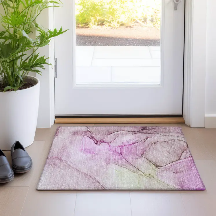 2' X 3' Pink Abstract Washable Non Skid Indoor Outdoor Area Rug