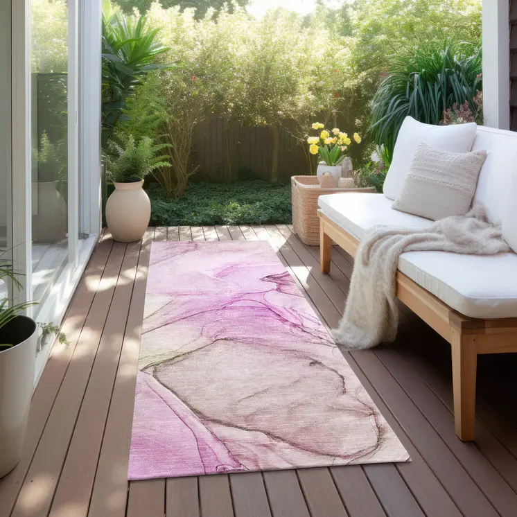 8' Runner Pink Abstract Washable Non Skid Indoor Outdoor Runner Rug