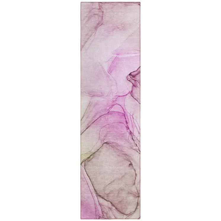 8' Runner Pink Abstract Washable Non Skid Indoor Outdoor Runner Rug